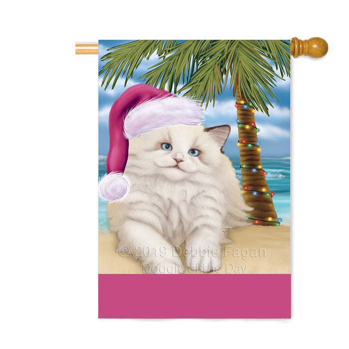 Personalized Summertime Happy Holidays Christmas White Ragdoll Dog on Tropical Island Beach Custom House Flag FLG-DOTD-A60609
