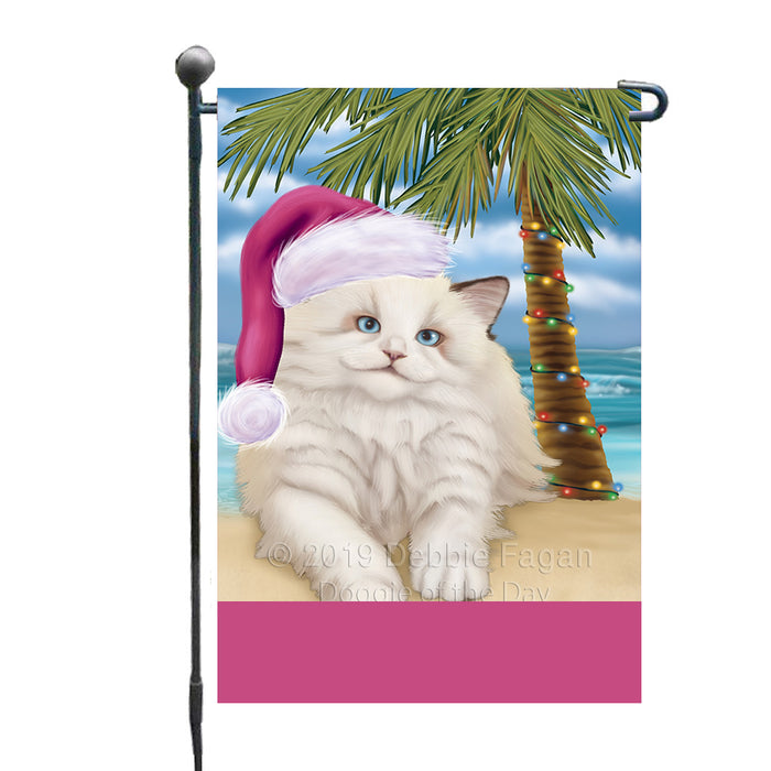 Personalized Summertime Happy Holidays Christmas White Ragdoll Dog on Tropical Island Beach  Custom Garden Flags GFLG-DOTD-A60553