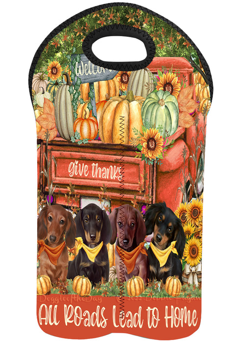 All Roads Lead to Home Orange Truck Harvest Fall Pumpkin Dachshund Dog 2-Bottle Neoprene Wine Bag