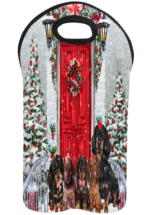 Christmas Holiday Welcome Red Door Dachshund Dog 2-Bottle Neoprene Wine Bag