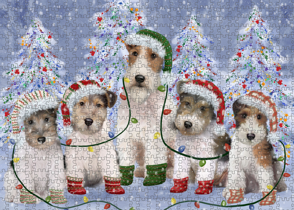 Christmas Lights and Wire Fox Terrier Dogs Portrait Jigsaw Puzzle for Adults Animal Interlocking Puzzle Game Unique Gift for Dog Lover's with Metal Tin Box