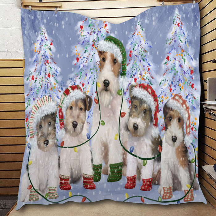 Christmas Lights and Wire Fox Terrier Dogs  Quilt Bed Coverlet Bedspread - Pets Comforter Unique One-side Animal Printing - Soft Lightweight Durable Washable Polyester Quilt