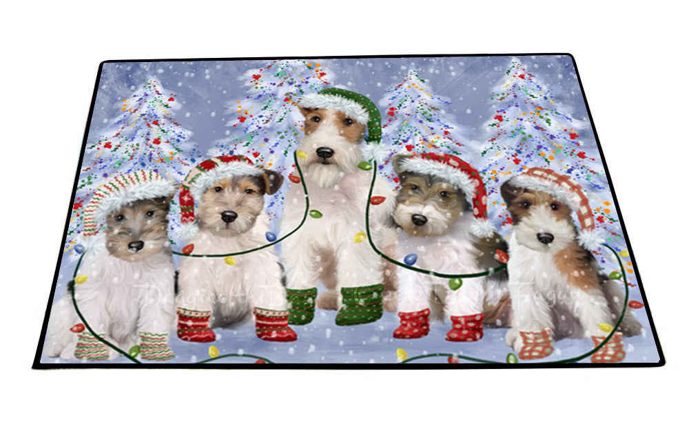 Christmas Lights and Wire Fox Terrier Dogs Floor Mat- Anti-Slip Pet Door Mat Indoor Outdoor Front Rug Mats for Home Outside Entrance Pets Portrait Unique Rug Washable Premium Quality Mat