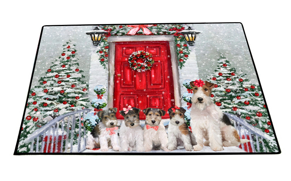 Christmas Holiday Welcome Wire Fox Terrier Dogs Floor Mat- Anti-Slip Pet Door Mat Indoor Outdoor Front Rug Mats for Home Outside Entrance Pets Portrait Unique Rug Washable Premium Quality Mat
