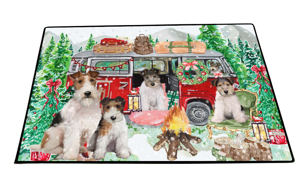Christmas Time Camping with Wire Fox Terrier Dogs Floor Mat- Anti-Slip Pet Door Mat Indoor Outdoor Front Rug Mats for Home Outside Entrance Pets Portrait Unique Rug Washable Premium Quality Mat