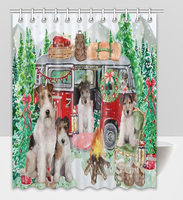 Christmas Time Camping with Wire Fox Terrier Dogs Shower Curtain Pet Painting Bathtub Curtain Waterproof Polyester One-Side Printing Decor Bath Tub Curtain for Bathroom with Hooks