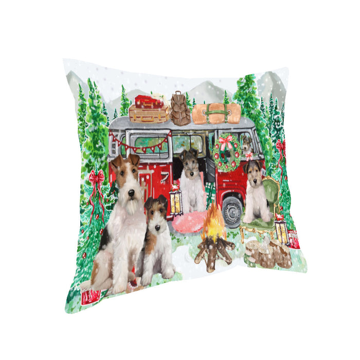 Christmas Time Camping with Wire Fox Terrier Dogs Pillow with Top Quality High-Resolution Images - Ultra Soft Pet Pillows for Sleeping - Reversible & Comfort - Ideal Gift for Dog Lover - Cushion for Sofa Couch Bed - 100% Polyester