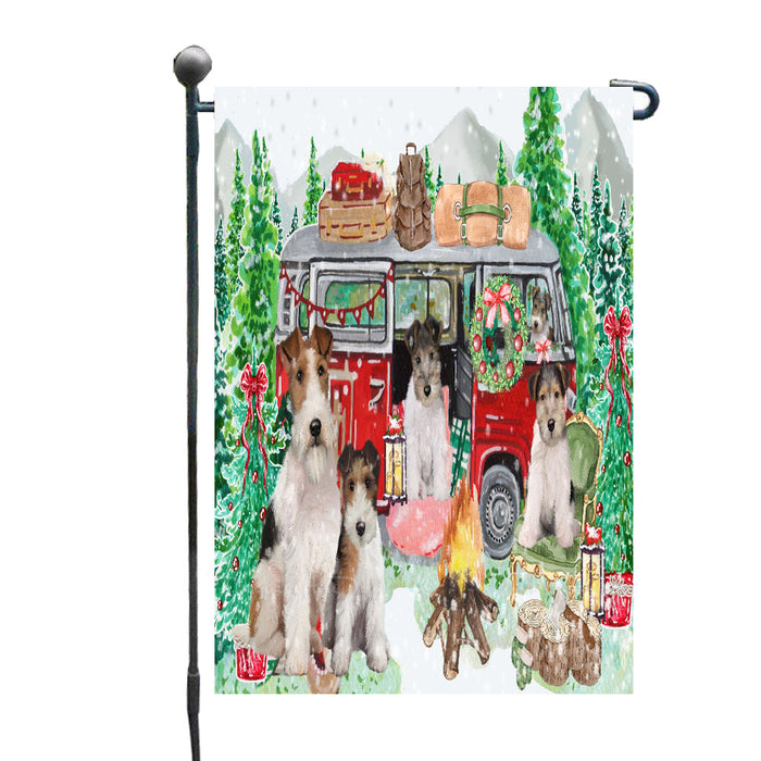 Christmas Time Camping with Wire Fox Terrier Dogs Garden Flags- Outdoor Double Sided Garden Yard Porch Lawn Spring Decorative Vertical Home Flags 12 1/2"w x 18"h