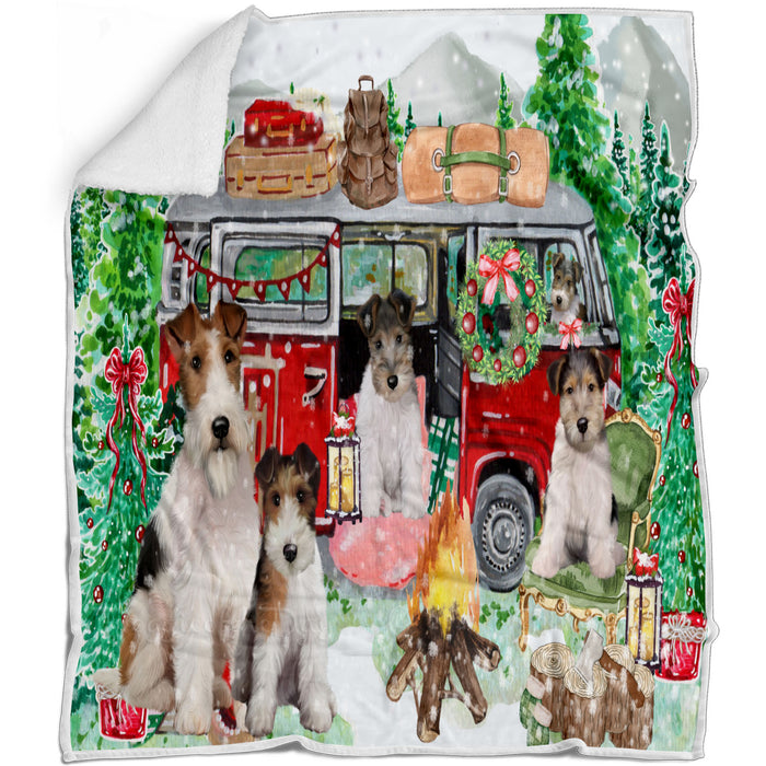 Christmas Time Camping with Wire Fox Terrier Dogs Blanket - Lightweight Soft Cozy and Durable Bed Blanket - Animal Theme Fuzzy Blanket for Sofa Couch