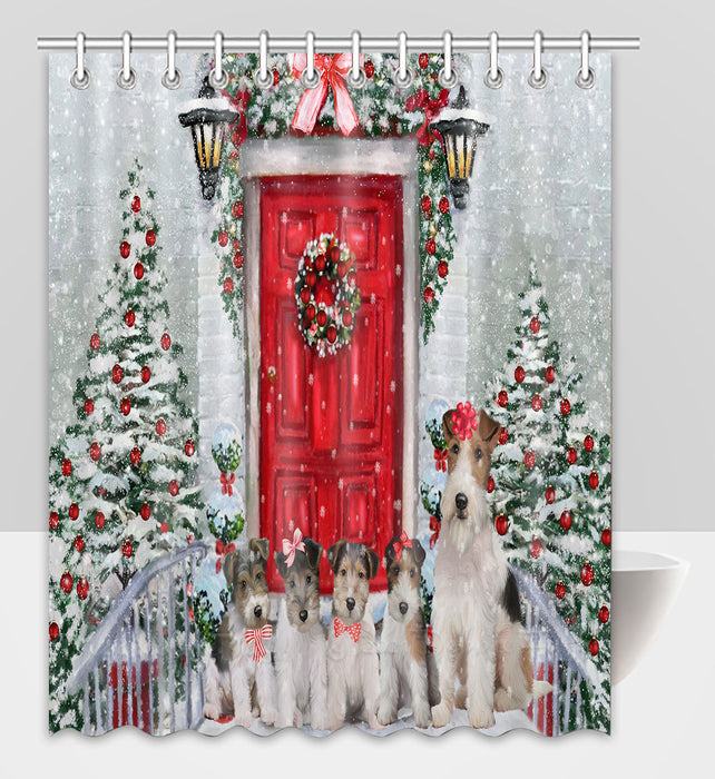 Christmas Holiday Welcome Wire Fox Terrier Dogs Shower Curtain Pet Painting Bathtub Curtain Waterproof Polyester One-Side Printing Decor Bath Tub Curtain for Bathroom with Hooks
