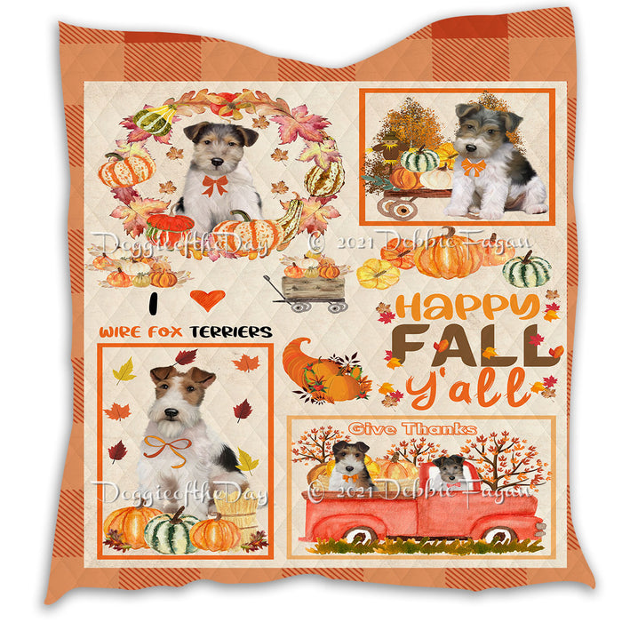 Happy Fall Y'all Pumpkin Wire Fox Terrier Dogs Quilt Bed Coverlet Bedspread - Pets Comforter Unique One-side Animal Printing - Soft Lightweight Durable Washable Polyester Quilt