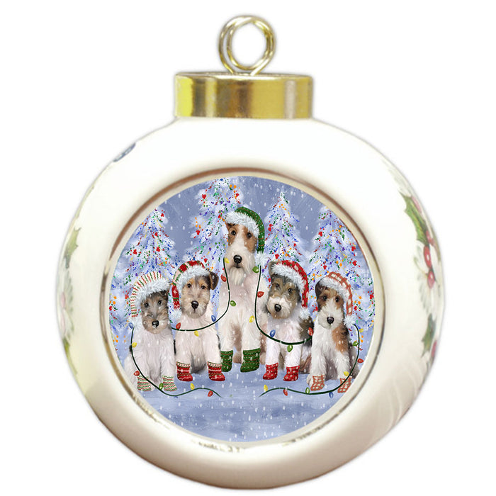 Christmas Lights and Wire Fox Terrier Dogs Round Ball Christmas Ornament Pet Decorative Hanging Ornaments for Christmas X-mas Tree Decorations - 3" Round Ceramic Ornament