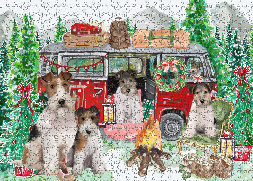 Christmas Time Camping with Wire Fox Terrier Dogs Portrait Jigsaw Puzzle for Adults Animal Interlocking Puzzle Game Unique Gift for Dog Lover's with Metal Tin Box