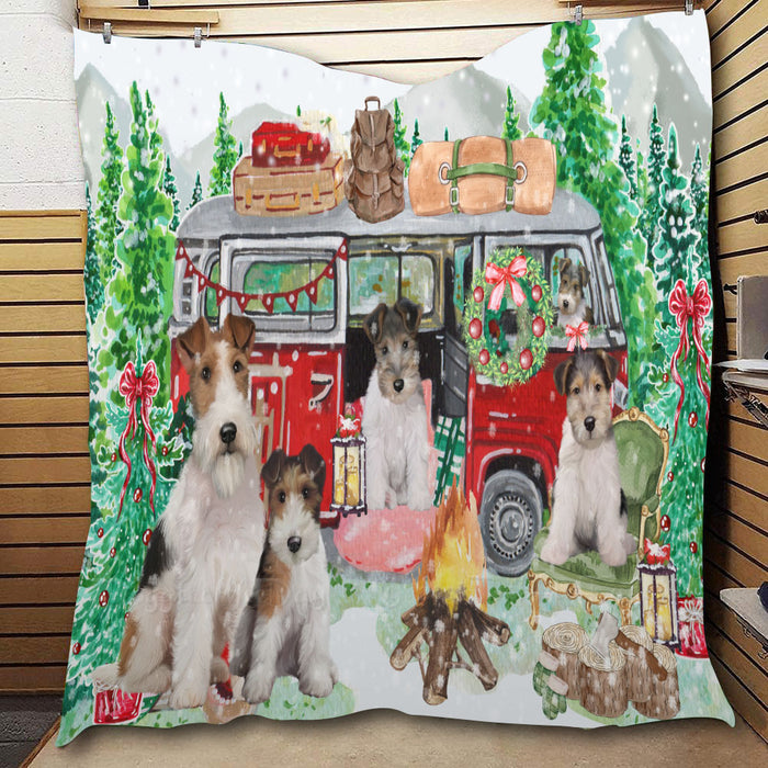 Christmas Time Camping with Wire Fox Terrier Dogs  Quilt Bed Coverlet Bedspread - Pets Comforter Unique One-side Animal Printing - Soft Lightweight Durable Washable Polyester Quilt