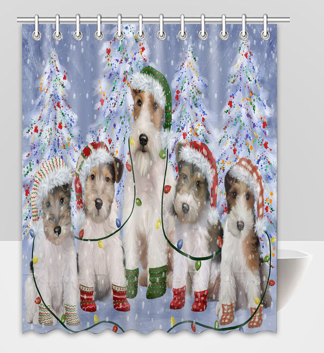 Christmas Lights and Wire Fox Terrier Dogs Shower Curtain Pet Painting Bathtub Curtain Waterproof Polyester One-Side Printing Decor Bath Tub Curtain for Bathroom with Hooks