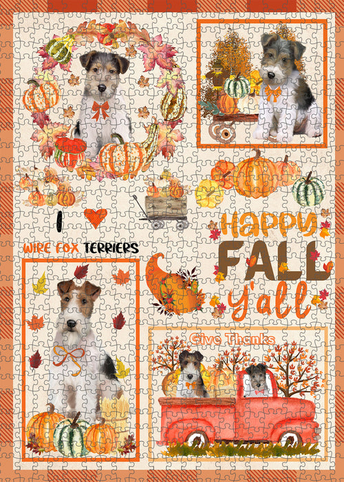 Happy Fall Y'all Pumpkin Wire Fox Terrier Dogs Portrait Jigsaw Puzzle for Adults Animal Interlocking Puzzle Game Unique Gift for Dog Lover's with Metal Tin Box