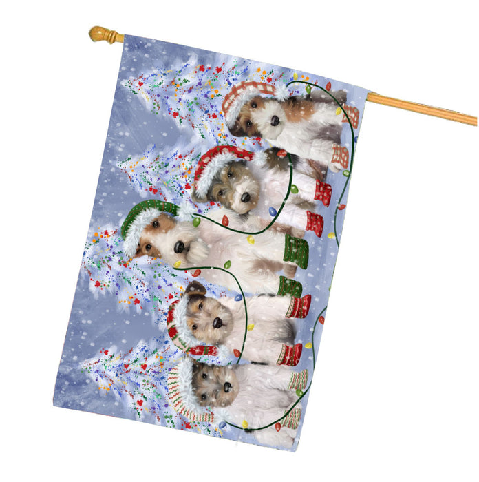 Christmas Lights and Wire Fox Terrier Dogs House Flag Outdoor Decorative Double Sided Pet Portrait Weather Resistant Premium Quality Animal Printed Home Decorative Flags 100% Polyester