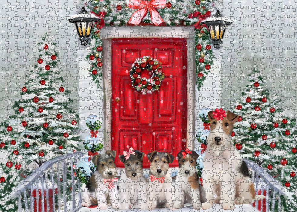 Christmas Holiday Welcome Wire Fox Terrier Dogs Portrait Jigsaw Puzzle for Adults Animal Interlocking Puzzle Game Unique Gift for Dog Lover's with Metal Tin Box