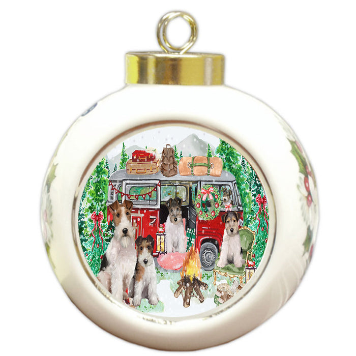 Christmas Time Camping with Wire Fox Terrier Dogs Round Ball Christmas Ornament Pet Decorative Hanging Ornaments for Christmas X-mas Tree Decorations - 3" Round Ceramic Ornament