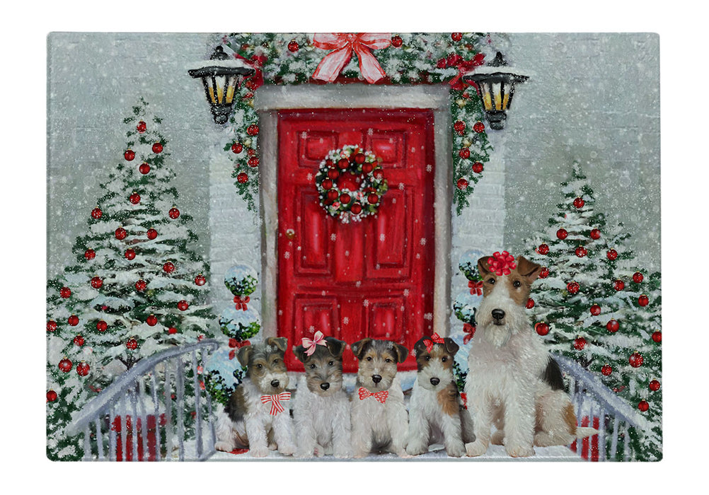 Christmas Holiday Welcome Wire Fox Terrier Dogs Cutting Board - For Kitchen - Scratch & Stain Resistant - Designed To Stay In Place - Easy To Clean By Hand - Perfect for Chopping Meats, Vegetables