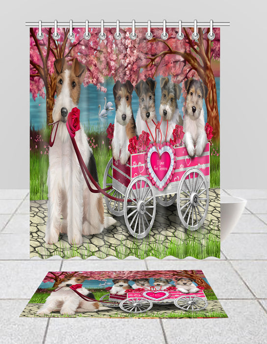 I Love Wire Fox Terrier Dogs in a Cart Bath Mat and Shower Curtain Combo