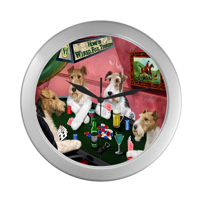 Home of Wired Fox Terrier Dogs Playing Poker Silver Wall Clocks