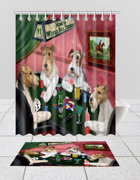 Home of  Wired Fox Terrier Dogs Playing Poker Bath Mat and Shower Curtain Combo