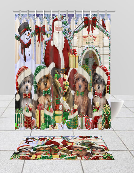 Happy Holidays Christmas Yorkipoo Dogs House Gathering Bath Mat and Shower Curtain Combo
