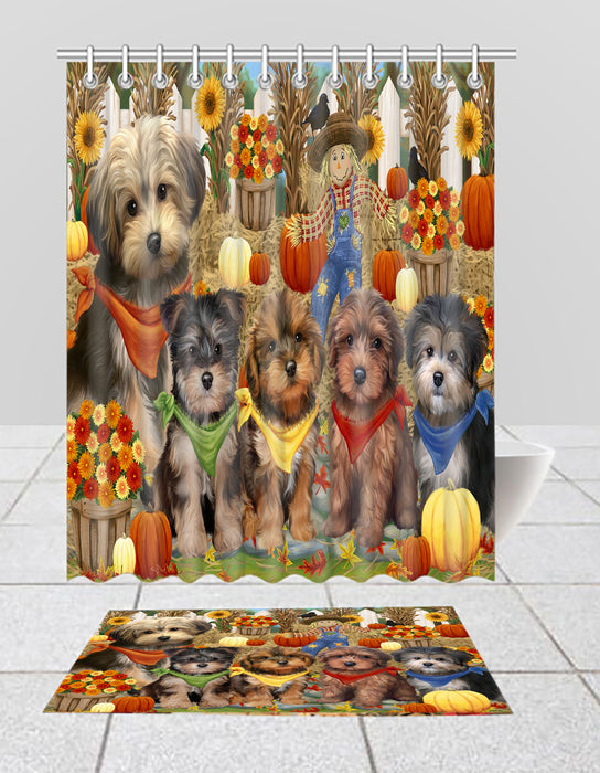 Fall Festive Harvest Time Gathering Yorkipoo Dogs Bath Mat and Shower Curtain Combo