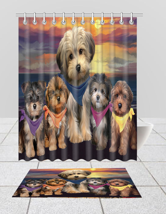 Family Sunset Portrait Yorkipoo Dogs Bath Mat and Shower Curtain Combo