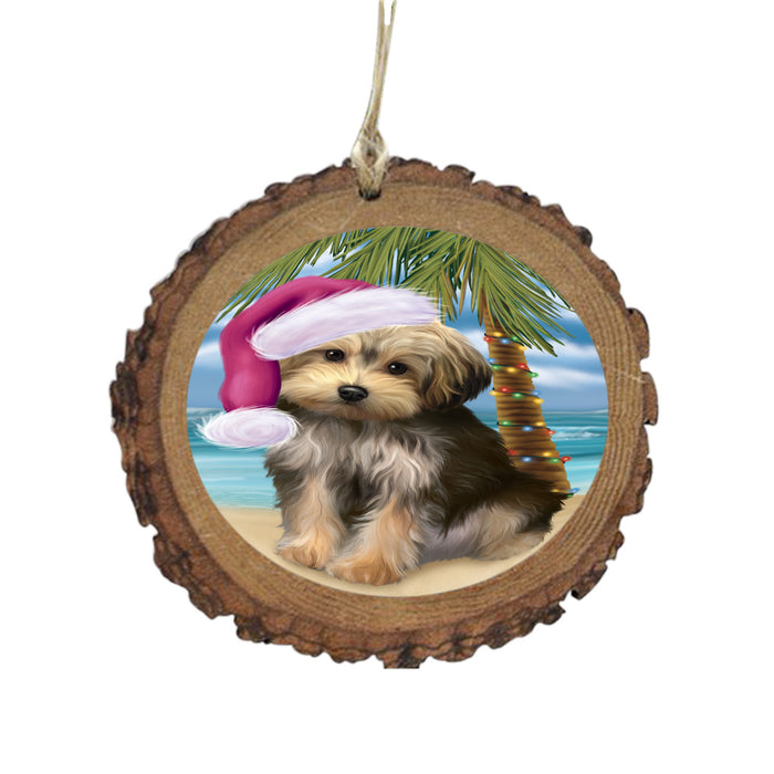 Summertime Happy Holidays Christmas Yorkipoo Dog on Tropical Island Beach Wooden Christmas Ornament WOR49413