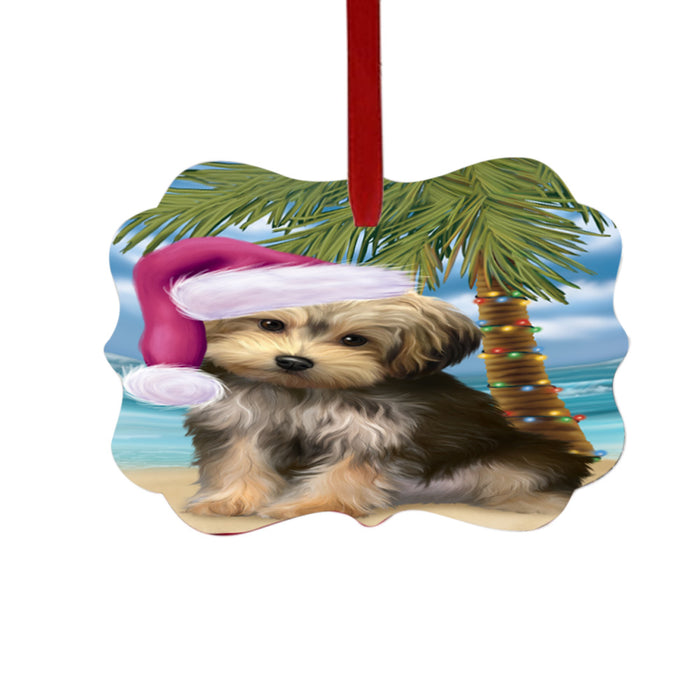 Summertime Happy Holidays Christmas Yorkipoo Dog on Tropical Island Beach Double-Sided Photo Benelux Christmas Ornament LOR49413