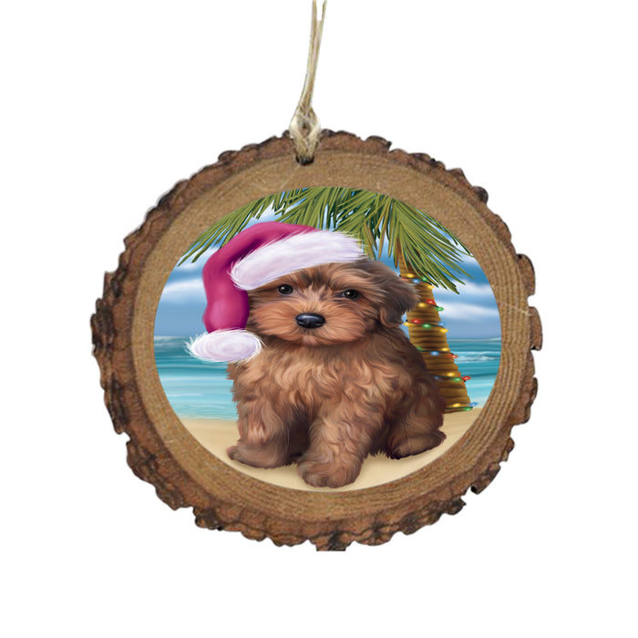 Summertime Happy Holidays Christmas Yorkipoo Dog on Tropical Island Beach Wooden Christmas Ornament WOR49417