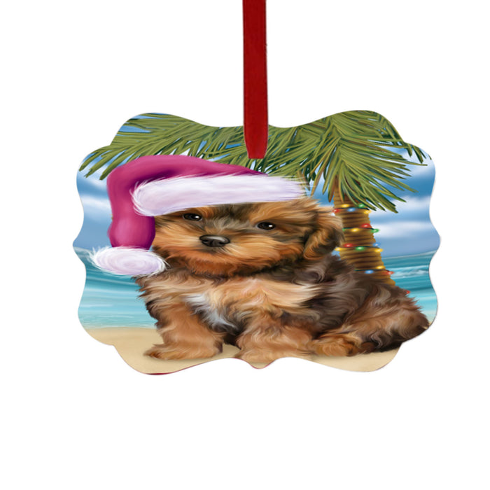 Summertime Happy Holidays Christmas Yorkipoo Dog on Tropical Island Beach Double-Sided Photo Benelux Christmas Ornament LOR49414