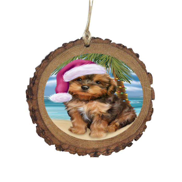 Summertime Happy Holidays Christmas Yorkipoo Dog on Tropical Island Beach Wooden Christmas Ornament WOR49414