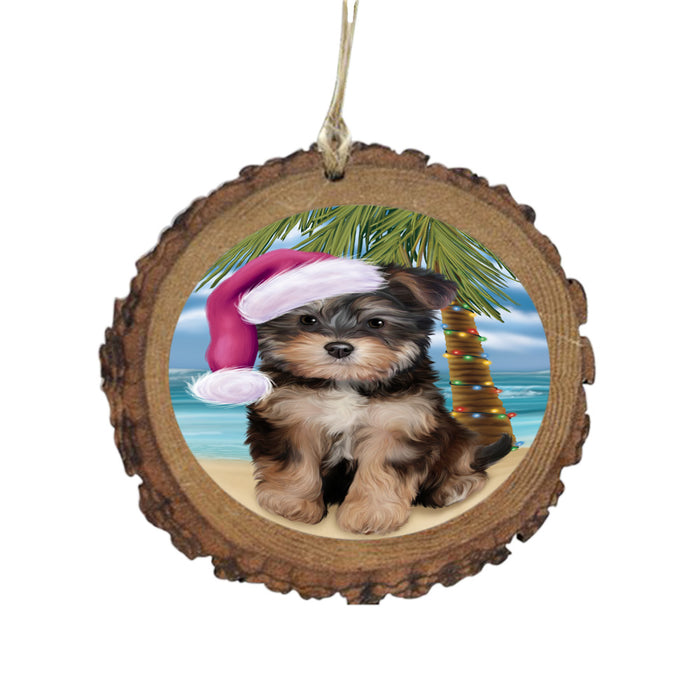 Summertime Happy Holidays Christmas Yorkipoo Dog on Tropical Island Beach Wooden Christmas Ornament WOR49415