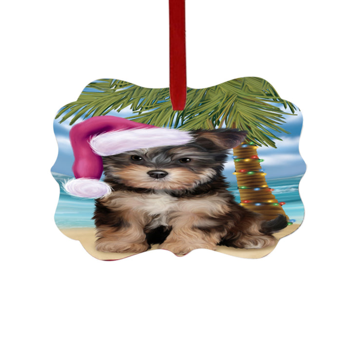 Summertime Happy Holidays Christmas Yorkipoo Dog on Tropical Island Beach Double-Sided Photo Benelux Christmas Ornament LOR49415