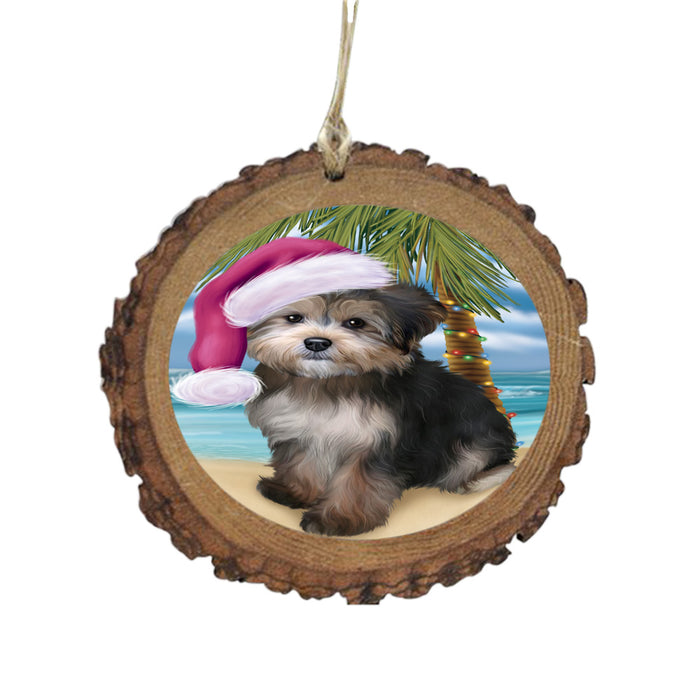 Summertime Happy Holidays Christmas Yorkipoo Dog on Tropical Island Beach Wooden Christmas Ornament WOR49416