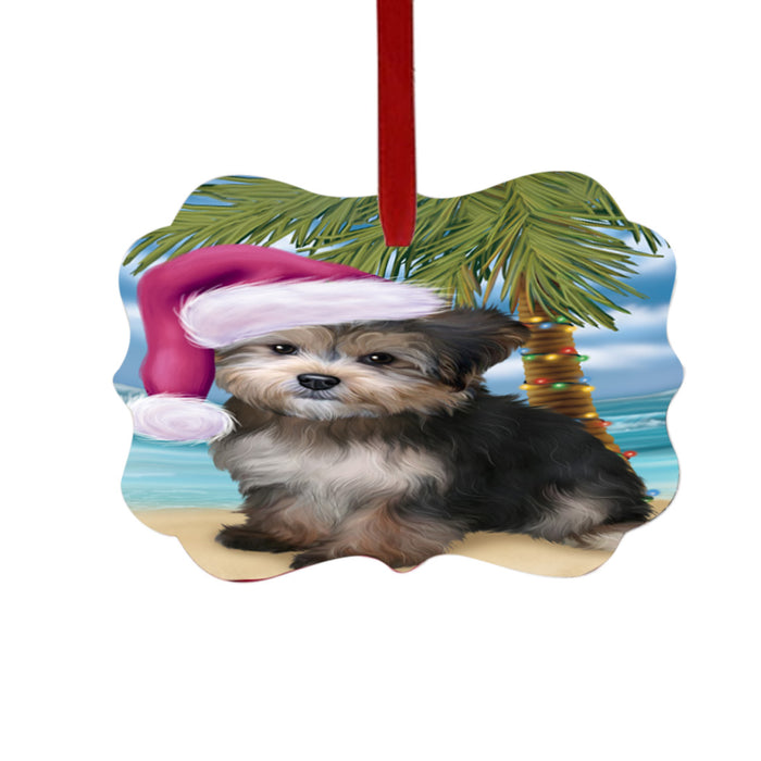 Summertime Happy Holidays Christmas Yorkipoo Dog on Tropical Island Beach Double-Sided Photo Benelux Christmas Ornament LOR49416