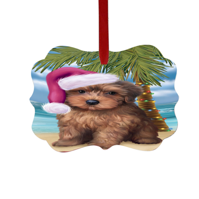 Summertime Happy Holidays Christmas Yorkipoo Dog on Tropical Island Beach Double-Sided Photo Benelux Christmas Ornament LOR49417