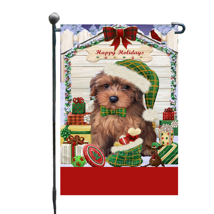 Personalized Happy Holidays Christmas Yorkipoo Dog House with Presents Custom Garden Flags GFLG-DOTD-A59392
