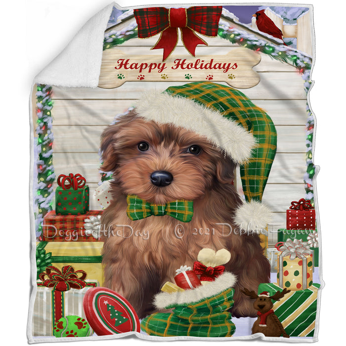 Happy Holidays Christmas Yorkipoo Dog House with Presents Blanket BLNKT80580