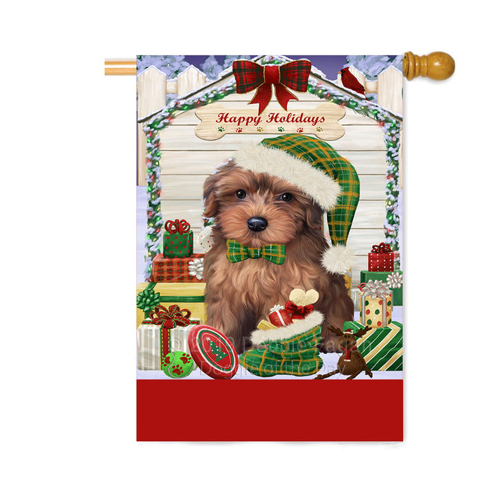 Personalized Happy Holidays Christmas Yorkipoo Dog House with Presents Custom House Flag FLG-DOTD-A59448