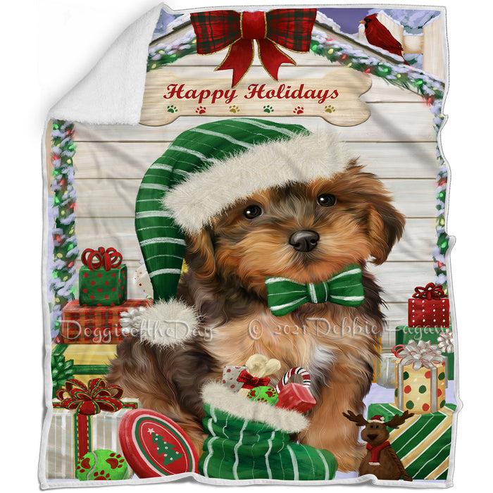 Happy Holidays Christmas Yorkipoo Dog House with Presents Blanket BLNKT80589