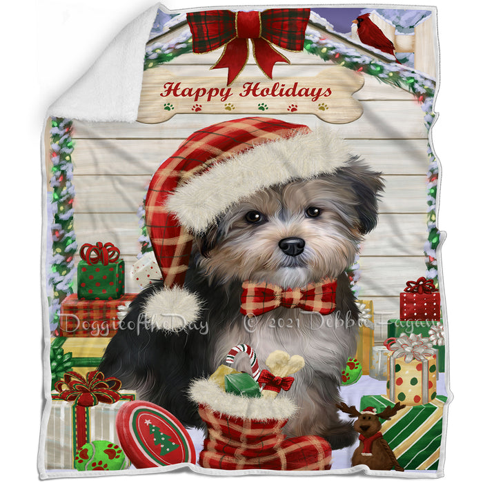 Happy Holidays Christmas Yorkipoo Dog House with Presents Blanket BLNKT80598