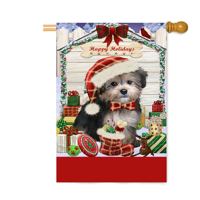 Personalized Happy Holidays Christmas Yorkipoo Dog House with Presents Custom House Flag FLG-DOTD-A59449