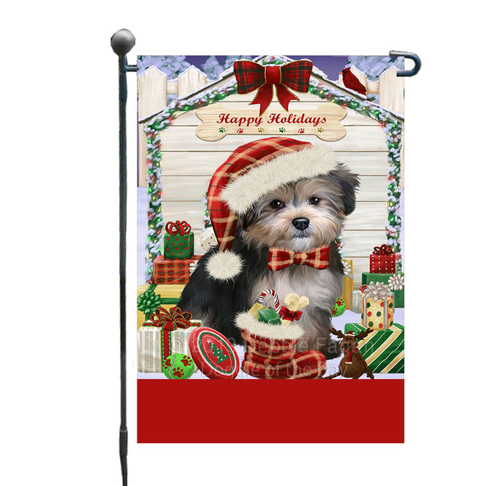 Personalized Happy Holidays Christmas Yorkipoo Dog House with Presents Custom Garden Flags GFLG-DOTD-A59393
