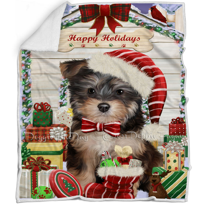 Happy Holidays Christmas Yorkipoo Dog House with Presents Blanket BLNKT80607