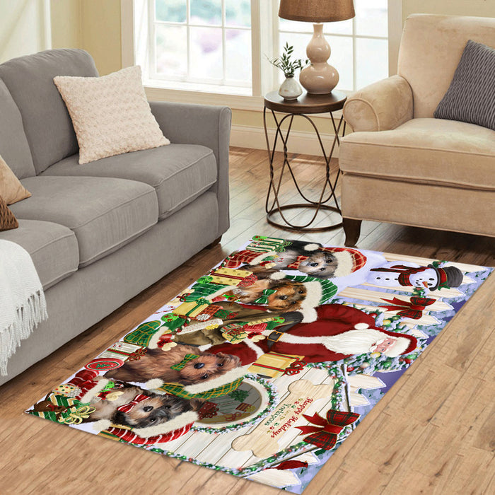 Happy Holidays Christma Yorkipoo Dogs House Gathering Area Rug