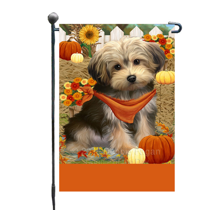 Personalized Fall Autumn Greeting Yorkipoo Dog with Pumpkins Custom Garden Flags GFLG-DOTD-A62107